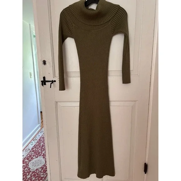 BlankNYC] Olive Green Ribbed Knit Cowl Neck Long Sleeve Bodycon Maxi Dress  Maxi